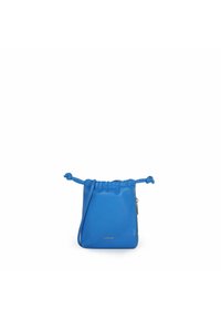 Borsa a tracolla in pelle blu con una superficie liscia, forma rettangolare, spallacci regolabili e una tasca laterale con zip. Presenta il logo del marchio.