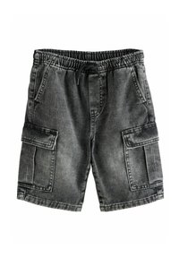 Shorts en denim gris avec une finition texturée, taille élastique, cordon de serrage ajustable et deux grandes poches latérales.