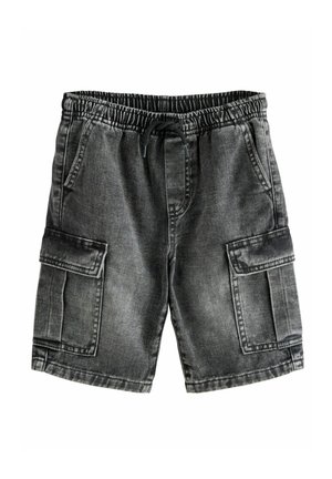 Graue Jeansshorts mit strukturiertem Finish, elastischemBund, verstellbarem Kordelzug und zwei großen Seitentaschen.