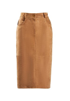 Bruine suede kokerrok met een hoge taille, knopen aan de voorkant, twee zijzakken en verticale naden. Gladde textuur.