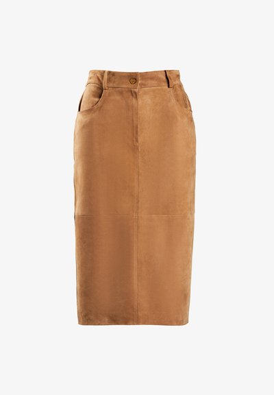 Barna velúr ceruza szoknya magas derékkal, elől gombos záródással, két oldalsó zsebbel és függőleges varráselemekkel. Sima textúra.