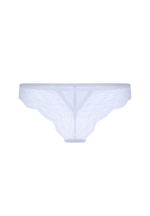 Witte kanten bikini-slip met lage taille, gegolfde randen en een V-vormig voornaaddetail.