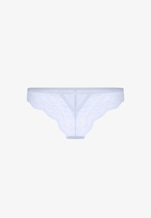 Witte kanten bikini-slip met lage taille, gegolfde randen en een V-vormig voornaaddetail.