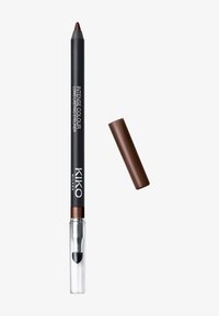 Brauner Bleistift-Eyeliner mit schwarzem Gehäuse, einem transparenten Kunststoffende und braunem Deckel. Auf dem Etikett steht "INTENSE COLOUR LONG LASTING EYELINER".