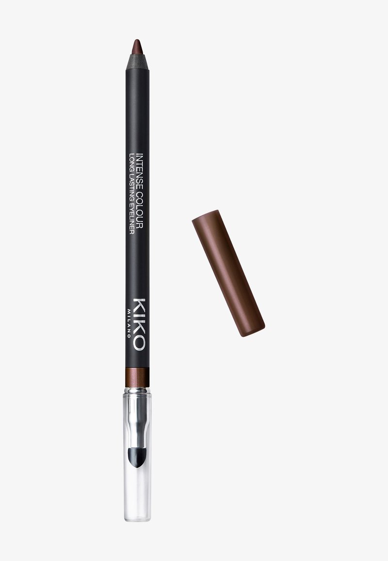 Brauner Bleistift-Eyeliner mit schwarzem Gehäuse, einem transparenten Kunststoffende und braunem Deckel. Auf dem Etikett steht "INTENSE COLOUR LONG LASTING EYELINER".
