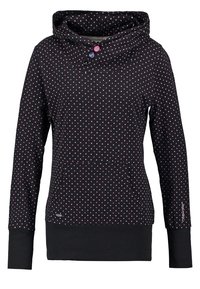 Sudadera negra con cuello de tipo cowl, decorada con lunares rosas y blancos, manga larga, un bolsillo en la parte frontal y bandas sólidas negras en contraste en los puños.