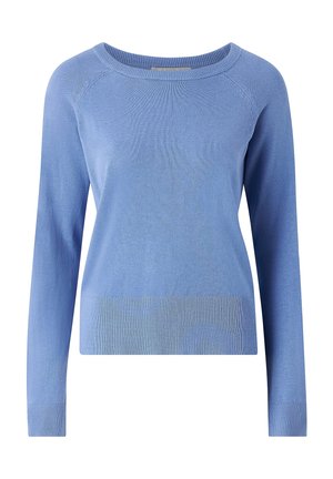 Suéter de punto azul claro con mangas largas, cuello redondo y puños y dobladillo acanalados. Textura suave con un detalle mínimo.