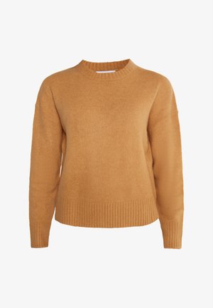 Mosterdkleurige gebreide trui met ronde halslijn, geribbelde zoom en relaxte mouwen. Zachte textuur en eenvoudig ontwerp.