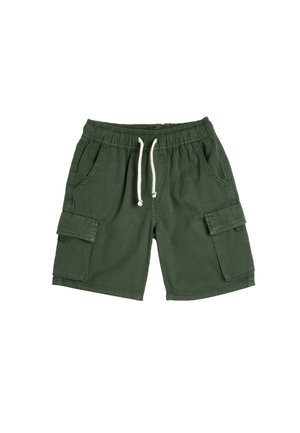 Grønne bomulds cargo shorts med elastisk talje, justerbar snor, to sidelommer og en sidelomme til cargo.