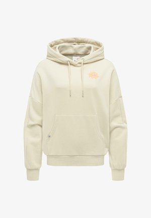 Beige hoodie met een voorzak, capuchon met trekkoorden, geribbelde boorden en zoom, en een kleine oranje zonvormige afbeelding op de linkerborst.