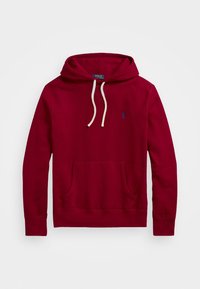 Bordowy hoodie z długim rękawem i białymi sznurkami, z przednią kieszenią i małym haftowanym logo na piersi.