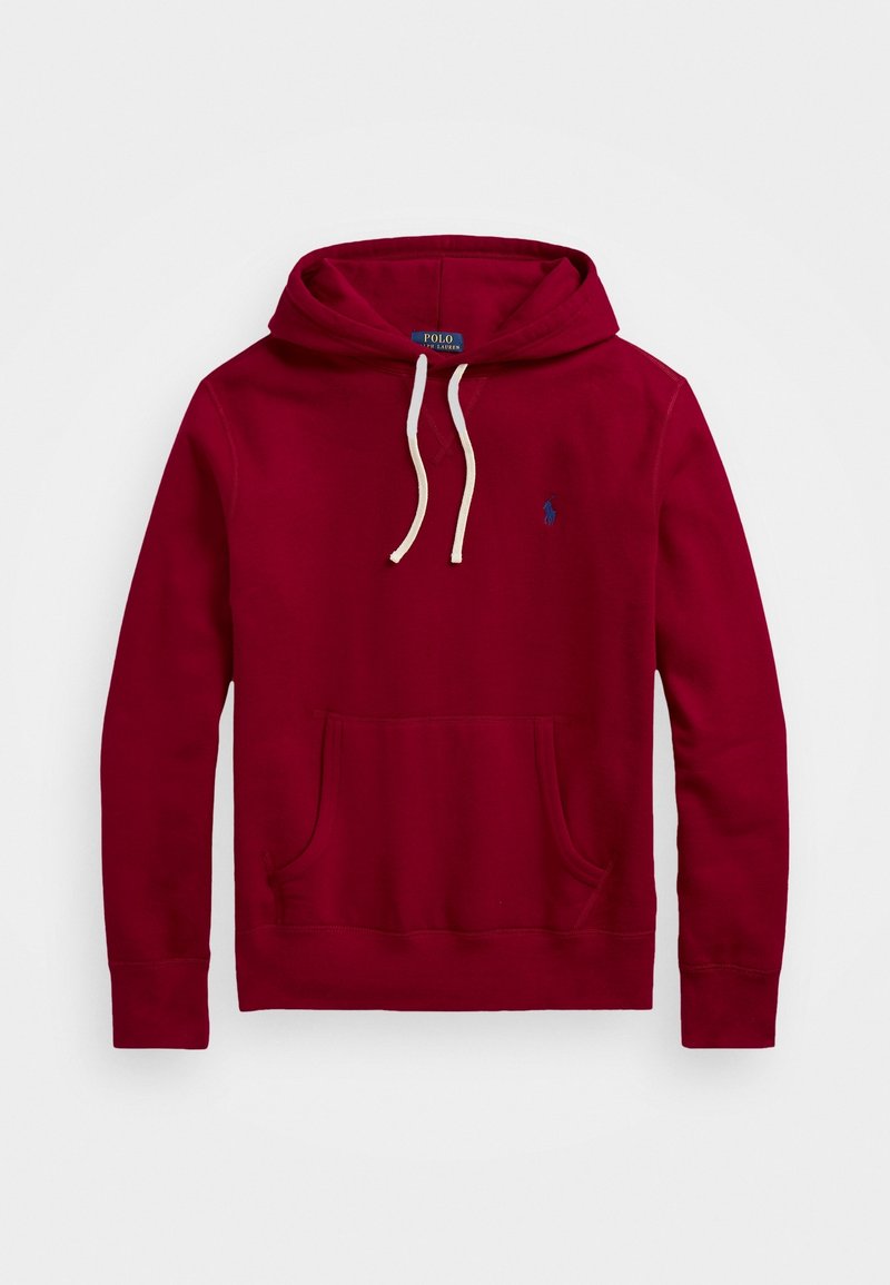 Bordowy hoodie z długim rękawem i białymi sznurkami, z przednią kieszenią i małym haftowanym logo na piersi.