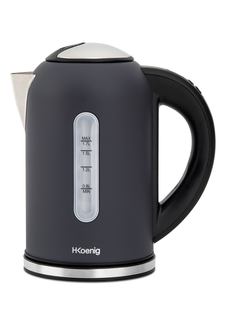 Zwarte elektrische waterkoker met een waterniveau-indicator tot 1,7L, gebogen handvat, tuit en details in zilver voor de deksel en basis.