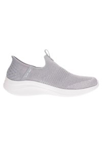 Le sneaker slip-on grigio chiaro presentano una tomaia in maglia, un design testurizzato e una suola in gomma bianca con un motivo a onde. Dettaglio a asola sul tallone.