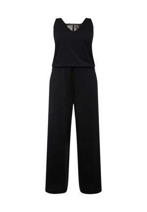 Zwarte jumpsuit met een V-halslijn en een wijde pijpen ontwerp. Gemaakt van een zachte stof, met een verstelbare taille en kantdetails aan de binnenkant.