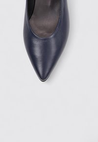 Escarpin en cuir bleu marine avec un bout pointu, texture lisse, découpes sur les côtés et un design minimaliste. Doublure intérieure noire unie.