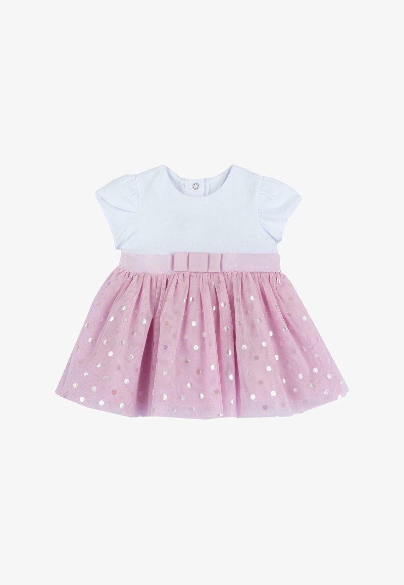 Bodice bianco con maniche corte e gonna in tulle rosa. La gonna presenta pois argentati e un fiocco abbinato in vita.