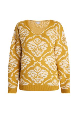 Yellow sweater with a V-neck, featuring a white floral pattern. Made from textured fabric with long sleeves and ribbed hem.