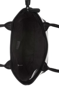 Czarna torba typu tote z przestronnym wnętrzem, gładką teksturą i zamknięciem na suwak u góry. Wnętrze wykonane z czarnej, jednolitej tkaniny i posiada metkę.