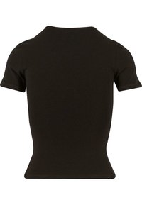 Svart t-shirt med kort ärm i mjukt tyg. Har en rund halsringning och en figurnära passform, med släta sömmar och utan synliga mönster.