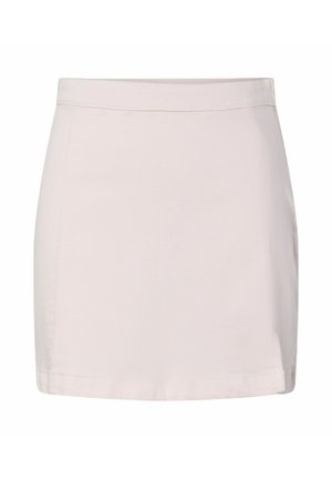 Mini-jupe rose clair unie avec un ourlet droit et sans motifs ni ornements visibles, présentée sur fond blanc.