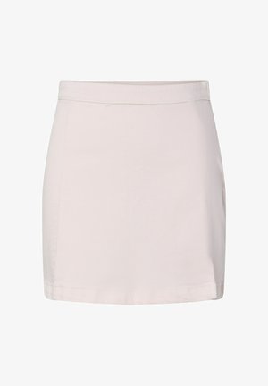 Mini-jupe rose clair unie avec un ourlet droit et sans motifs ni ornements visibles, présentée sur fond blanc.