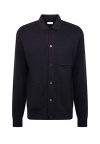 Marineblauwe wollen cardigan met een kraag, sluiting met knopen aan de voorkant, twee voorzakken en een gestructureerde stof.