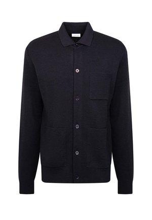 Marineblauwe wollen cardigan met een kraag, sluiting met knopen aan de voorkant, twee voorzakken en een gestructureerde stof.