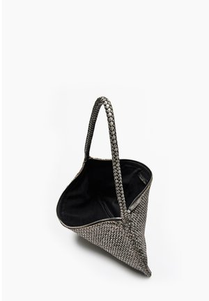 Woven gray handbag with a triangular shape, braided handles, and a black interior. Features a zip closure and textured exterior.