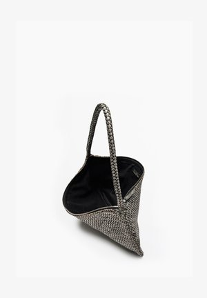 Woven gray handbag with a triangular shape, braided handles, and a black interior. Features a zip closure and textured exterior.