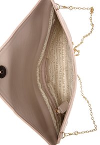 Light pink leather handbag with a gold chain strap. Interior features a zippered pocket and a patterned lining with "Valentino" logo.