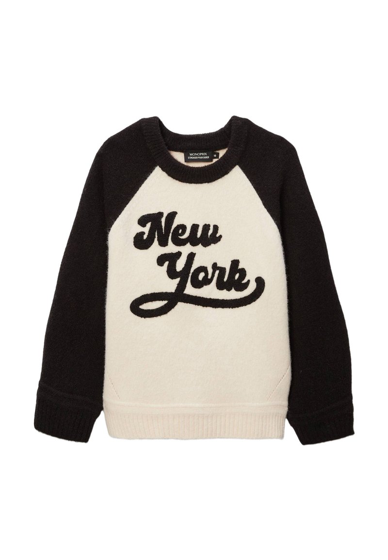 Sweatshirt noir et crème avec des manches raglan, présentant une texture douce et "New York" brodé en cursive sur le devant.
