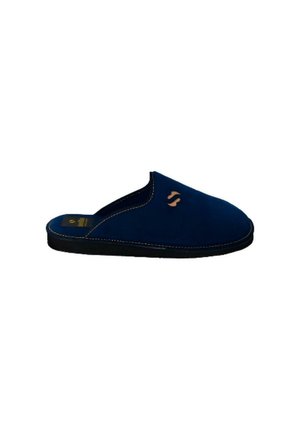 Zapatilla de estar por casa azul marino tipo slip-on con suela negra y pequeño logo beige en la parte superior, presentada sobre fondo blanco.
