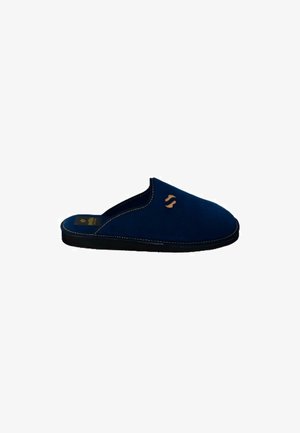 Zapatilla de estar por casa azul marino tipo slip-on con suela negra y pequeño logo beige en la parte superior, presentada sobre fondo blanco.
