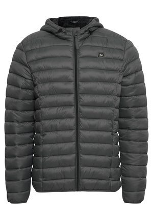 Graue gepolsterte Jacke mit Reißverschluss und Kapuze. Verfügt über horizontale Steppung, elastische Bündchen und ein kleines Logo auf der linken Brust.