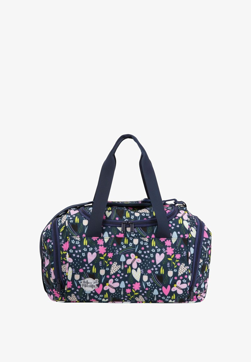 Duffle bag with navy floral pattern, featuring pink and white flowers, green leaves, dual top handles, and zippered compartments.