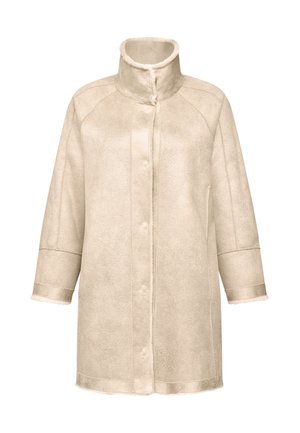 Beige faux fur coat with high collar, long sleeves, and button closure. Soft texture with a smooth sheen and contrasting trim details.