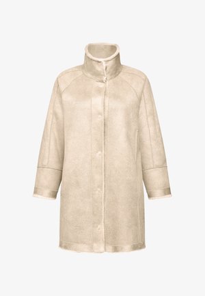 Beige faux fur coat with high collar, long sleeves, and button closure. Soft texture with a smooth sheen and contrasting trim details.