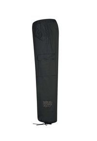 Zwarte cargobroek met elastische tailleband, knoopflapzakken, trekkoord aan de onderkant en het logo "Don Ed Hardy designs" op het onderbeen.