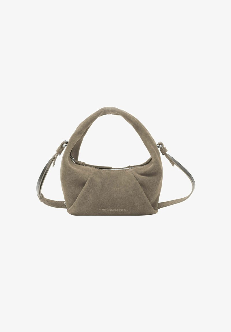 Borsa a mano in suede beige con un design unico e stropicciato, dotata di una cerniera in tono argento, manico corto e una tracolla regolabile.