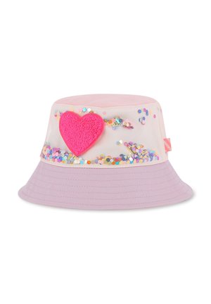 Bob rose avec un large bord, doté d'une bande translucide ornée de sequins multicolores et d'un détail en forme de cœur rose en peluche.