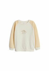 Krämfärgad sweatshirt med ljusgula raglanärmar. Har en broderad stegosaurusdesign och ribbade muddar. Mjuk bomullsblandning.