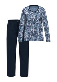 Blomsterinspireret pyjamasæt med en langærmet top i lyseblå med mørkeblå accenter, parret med marineblå bukser med elastisk talje. Glat tekstur.