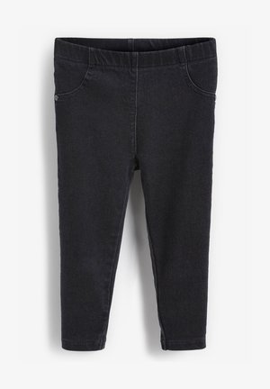 Leggings negros tipo mezclilla con cinturilla elástica y pseudo bolsillos. Diseño ajustado, rematados en los tobillos, textura suave.