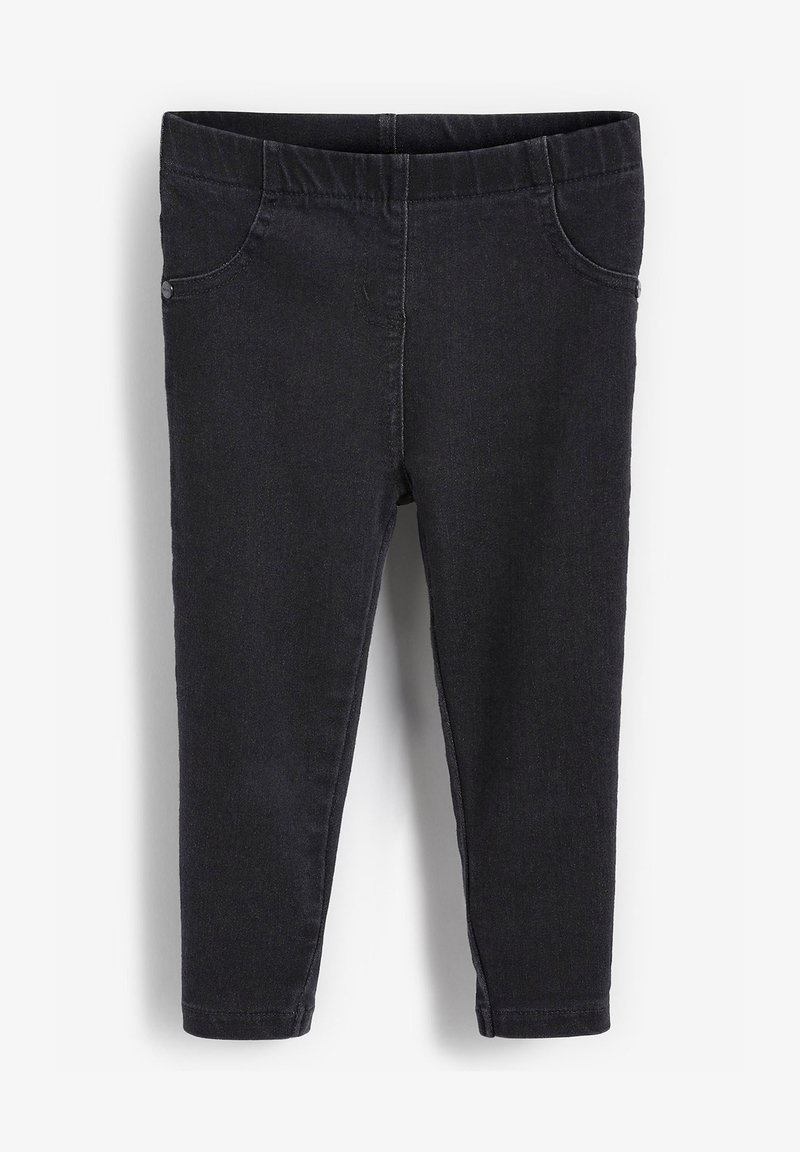 Leggings en denim noir avec une taille élastique et des fausses poches. Design ajusté, ourlet aux chevilles, texture lisse.