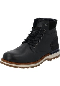 Czarne skórzane botki za kostkę z teksturowanym wykończeniem, o okrągłym nosku, sznurowanym kroju i brązowej gumowej podeszwie z białymi akcentami.