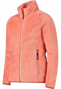 Giacca in pile di corallo con colletto alto, zip a tutta lunghezza, due tasche laterali e zip bianca a contrasto. Superficie texturizzata e vestibilità aderente.