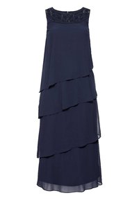 Navy blue layered dress made of smooth fabric, featuring a beaded neckline and cascading ruffles for added texture and design detail.