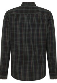 Langärmeliges kariertes Hemd in Dunkelgrün und Schwarz mit orangefarbenen Akzenten. Es verfügt über einen klassischen Kragen und geknöpfte Manschetten und zeigt ein lineares Muster.