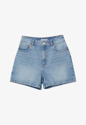 Pantaloncini di jeans azzurri con bottone frontale, cerniera, passanti per cintura e design con cinque tasche, posati su sfondo bianco.